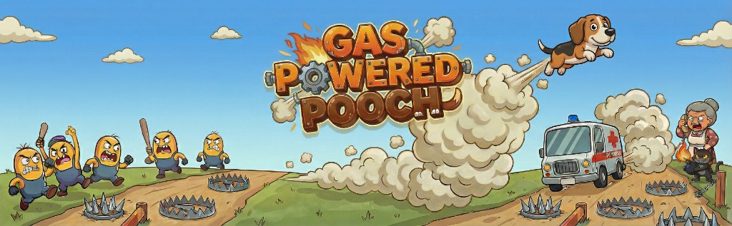 Gas Powered Pooch game artwork: Pooch flies above a cartoon obstacle course, pursued by pet control and an angry grandma.
