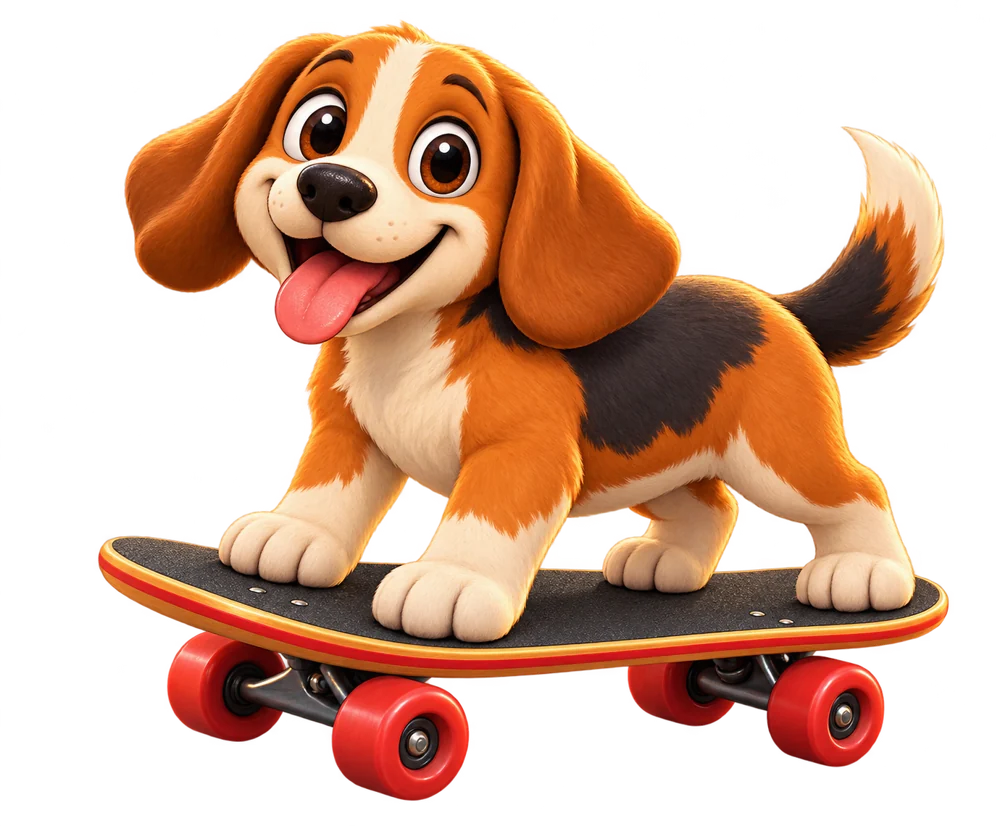 Pooch, a happy orange, black, and cream beagle, grinning on his red-wheeled skateboard.